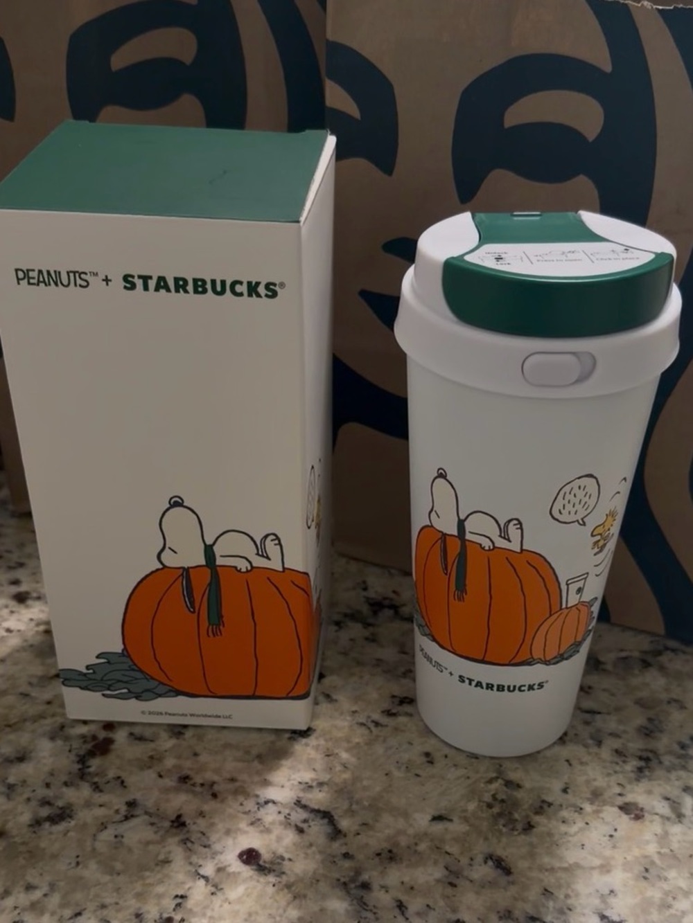 Starbucks Peanuts Pumpkin Travel Mug - White with Green Lid in box Authentic NWT